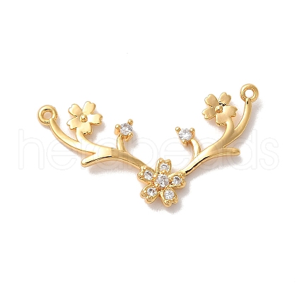 Brass Pave Clear Cubic Zirconia Flower with Deer Horn Links Connector Charms KK-M294-10G-1