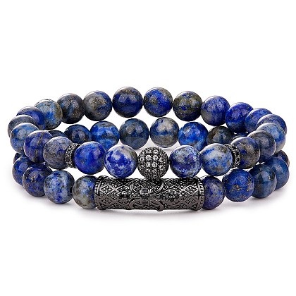 2Pcs 2 Style Natural Lapis Lazuli Stretch Bracelets Set BJEW-SW00098-1