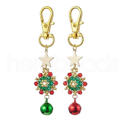 Christmas Wreath Glass Seed Pendant Decorations with Bell HJEW-MZ00077-1