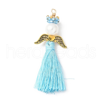 Glass Pearl Round Beaded with Polycotton Tassel Big Pendants PALLOY-MZ00611-05-1