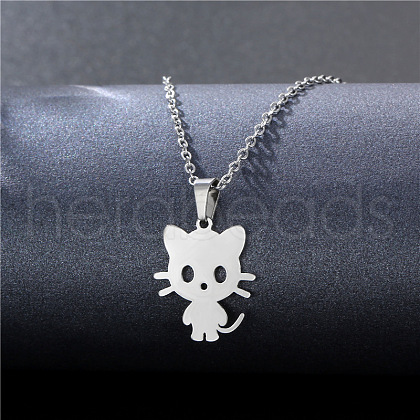Cat Shape Stainless Steel Pendant Necklaces PW-WGF5F36-01-1