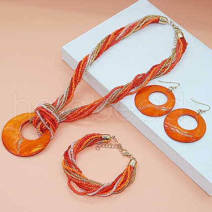 Bohemian Style Ring Shell & Glass Seed Beaded Pendant Necklaces & Dangle Earrings & Bracelets Sets FS-WG105FB-04-1