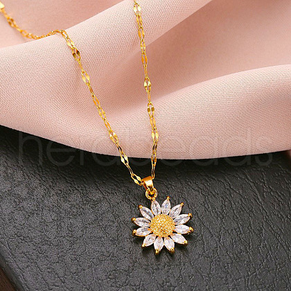 Sunflower Stainless Steel Clear Cubic Zirconia Pendant Necklaces for Women FS-WG5C110-01-1