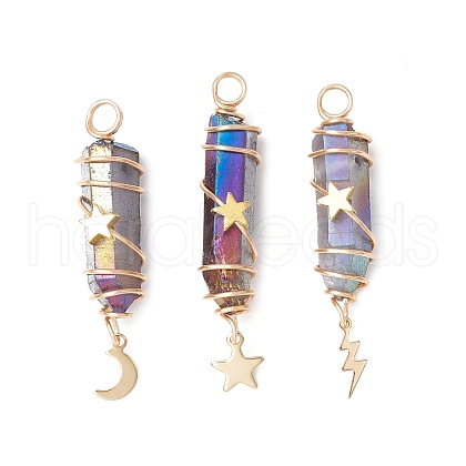 3Pcs 3 Styles Electroplated Natural Quartz Crystal Pointed Copper Wire Wrapped Pendants PALLOY-JF03766-01-1