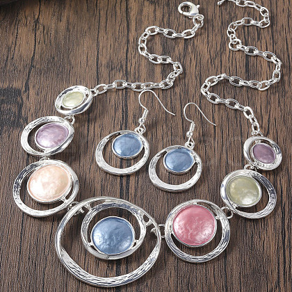 Ring with Flat Round Zinc Alloy Enamel Pendant Necklace & Dangle Earrings Sets FS-WG699A4-05-1