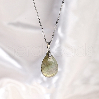 Natural Labradorite Teardrop Pendant Necklaces PW-WG17918-04-1