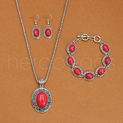 Oval Alloy with Synthetic Turquoise Pendant Necklaces & Dangle Earrings & Link Bracelets Sets WGD1135-07-1
