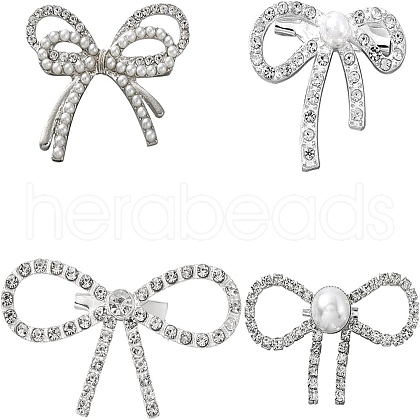HOBBIESAY 4Pcs 4 Style Crystal Rhinestone Bowknot Brooch Pin with Plastic Pearl Beaded JEWB-HY0001-06-1