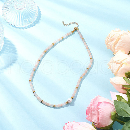 Round Shell Pearl & Natural Pink Aventurine Heishi Beaded Necklaces NJEW-JN05300-03-1