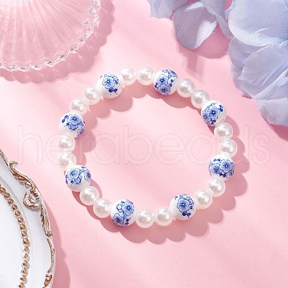 ABS Plastic Imitation Pearl Round Beads Stretch Bracelets for Women BJEW-JB11606-01-1