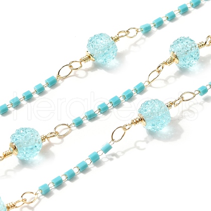 Brass Hexagonal Column Glass Seaded Beaded & Resin Round Beaded Link Chains CHC-G026-01A-1