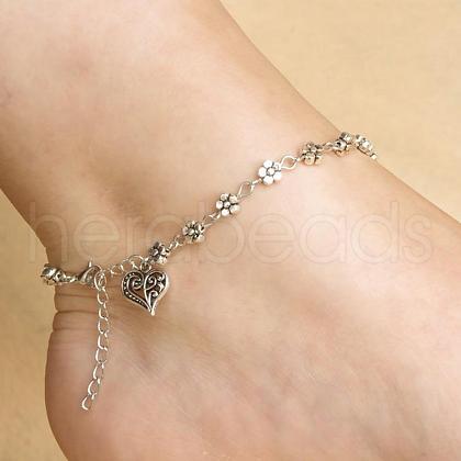 Tibetan Style Flower Alloy Link Chain Heart Charm Anklets for Women FS-WG81CB1-01-1