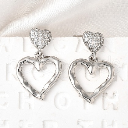 Hollow Heart Brass Micro Pave Clear Cubic Zirconia Dangle Stud Earrings EJEW-Z099-02P-02-1