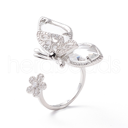 Butterfly with Flower Clear Cubic Zirconia Cuff Ring RJEW-D117-04P-1