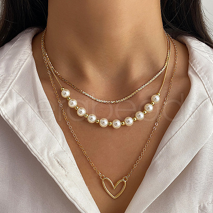 Heart Alloy & Plastic Imitation Pearl 3 Layer Necklaces for Women FS-WGA62EB-01-1