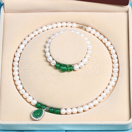 Mother's Day Jewellery Natural Freshwater Pearl Chrysoprase Beaded Necklace & Bracelets Sets for Women WGE4EAE-44-1