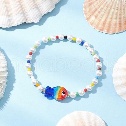 Round Shell Pearl Beads & Glass Seed Beads Stretch Bracelets BJEW-TA00637-1