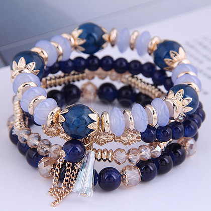 4Pcs 4 Styles Bohemian Style Alloy Glass Round Beaded Stretch Bracelets FS-WG80D8B-07-1