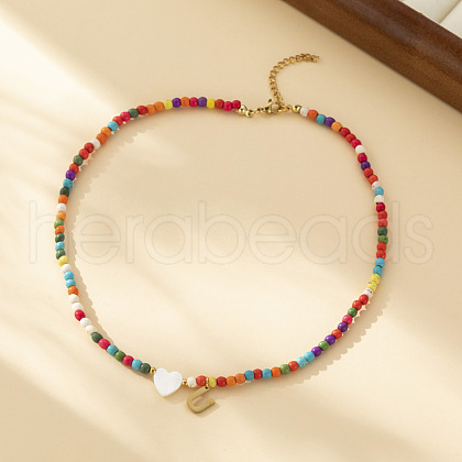 Heart Natural Shell & Colorful Glass Seed Round Beaded Necklaces FS-WGE10D5-20-1