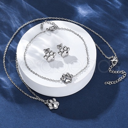 Dog Paw Print 304 Stainless Steel Pendant Necklaces & Bracelets & Stud Earrings Sets for Women SJEW-C004-20P-1