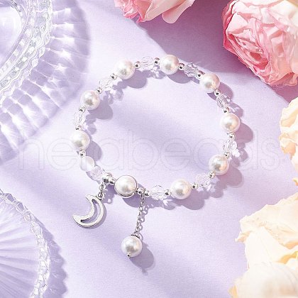 Shell Pearl & Glass Round Beaded Bracelets BJEW-JB11857-02-1