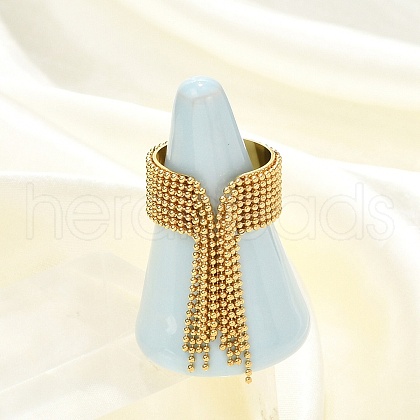 Round Ball Tassel 304 Stainless Steel Cuff Rings for Women RJEW-U039-03G-1