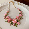 Spring Alloy Rhinestone & Plastic Pearl Rose Flower Garland Bib Necklaces for Women FS-WG9B03D-02-1