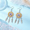 Flat Round with Feather Handmade Glass Seed Beads Chandelier Earrings EJEW-MZ00473-03-1