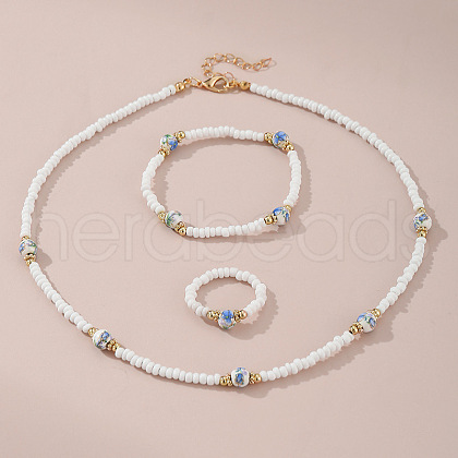 Round with Plum Blossom Pattern Plastic & Porcelain & CCB Bracelets & Necklaces & Rings Sets FS-WG584CB-03-1