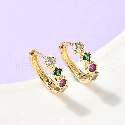 Rhombus with Round Brass Micro Pave Colorful Cubic Zirconia Hoop Earrings EJEW-Z102-35G-1