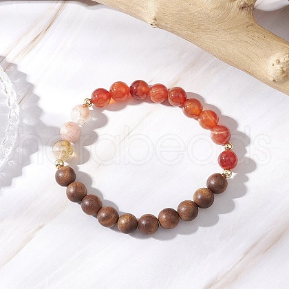 Natural Sandalwood &l Striped Agate & Carnelian Round Beaded Bracelets for Women BJEW-JB11930-02-1