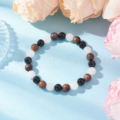 Natural Black Onyx & White Jade & Picasso Stone Round Beaded Stretch Bracelets for Men Women BJEW-JB11952-1