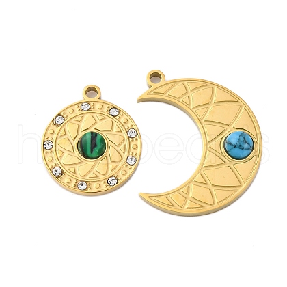 2Pcs 2 Styles 304 Stainless Steel Pave Dyed Synthetic Turquoise and Malachite Pendants STAS-H235-02G-1