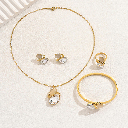 Oval Stainless Steel Rhinestone Bracelets & Earrings & Necklaces & Rings Sets for Women JD9188-1-1