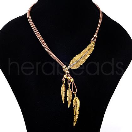 Feather Alloy Crystal Rhinestone Pendant Multi-Strand Camel Wax Cord Lariat Necklaces for Women FS-WGEEE72-03-1