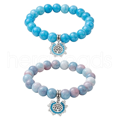 2Pcs 2 Colors 10.5mm Round Opaque Crackle Glass Beaded Stretch Bracelet Sets BJEW-MZ00082-1