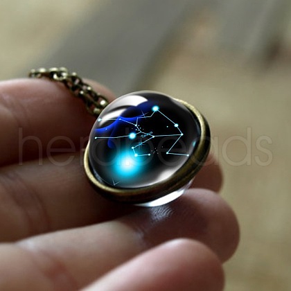 Double Glass Round with Constellation Pendant Alloy Chain Necklaces WG188F6-09-1