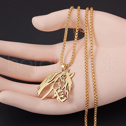 Laser Cut Horse Head 201 Stainless Steel Pendant Necklaces FS-WG40757-02-1