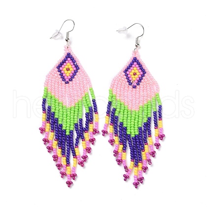 Glass Seed Braided Rhombus with Tassel Chandelier Earrings EJEW-H084-04P-1