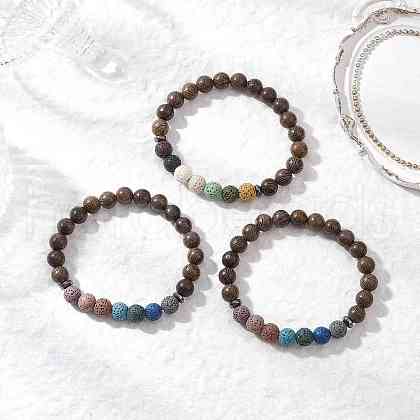 Dyed Natural Lava Rock & Wood  Round Beads Stretch Bracelets BJEW-JB11887-1