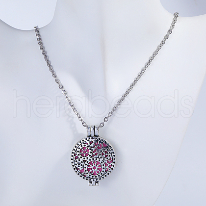 Alloy Essential Oil Diffuser Locket Pendant Necklaces with Pink Plush Aromatherapy Disc Inside Box QP4484-1