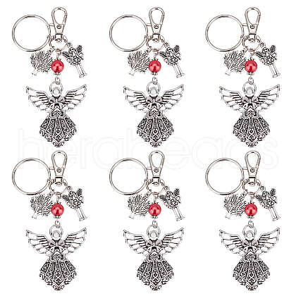   6Pcs Tibetan Style Alloy Angel Pendant Keychain with Fairy Charm and Tree of Life Charm KEYC-PH0001-91-1
