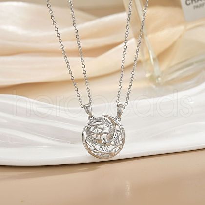 2Pcs Brass Pave Clear Zirconia Magnetic Couple Sun Moon Pendant Necklaces WG8E766-11-1