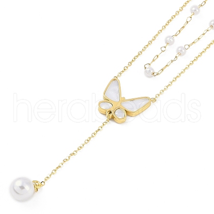 Ion Plating(IP) 304 Stainless Steel Pave Shell Double Layer Butterfly Pendant Necklaces for Women NJEW-K276-29G-1