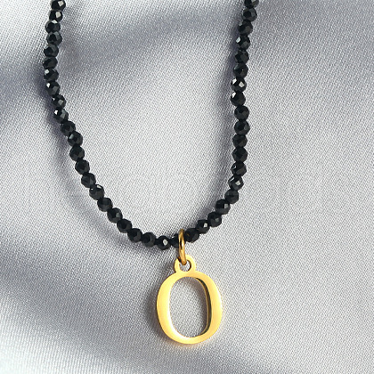 304 Stainless Steel Initial Pendant Black Glass Faceted Round Beaded Pendant Necklaces for Women FS-WGC61DE-15-1