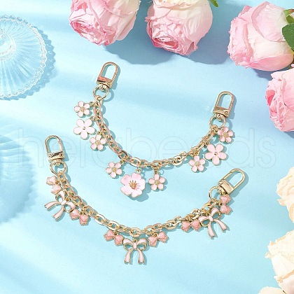 2Pcs 2 Styles Alloy Pink Enamel Flower Bowknot Pendant Cable Chain Purse Decorative Chains AJEW-BA00148-1