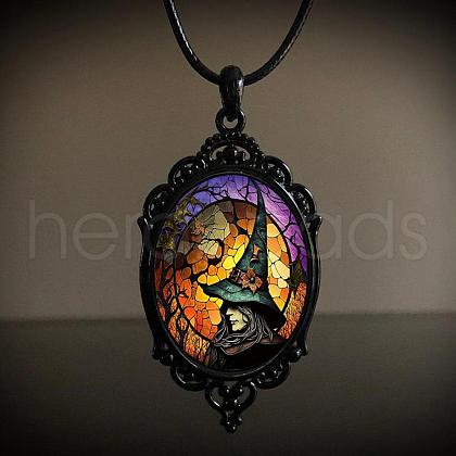 Oval Gothic Alloy Glass Halloween Pendant Necklaces for Women FS-WG73C21-01-1