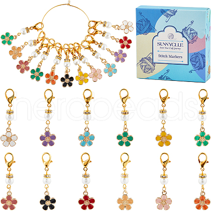 24Pcs 12 Colors Flower Alloy Enamel Pendant Locking Stitch Markers HJEW-SC00030-1