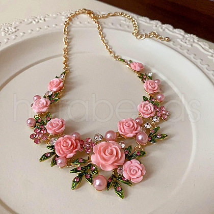 Spring Alloy Rhinestone & Plastic Pearl Rose Flower Garland Bib Necklaces for Women FS-WG9B03D-02-1
