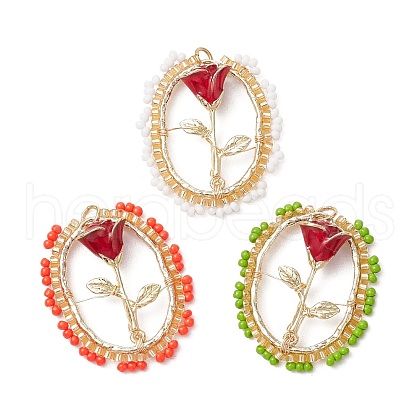 3Pcs Glass Seed Beaded Oval with Rose Pendants PALLOY-MZ00579-1